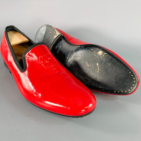 ALEXANDER MCQUEEN Size 12 Red Black Embossed Skull Patent Leather Slip On Loafers