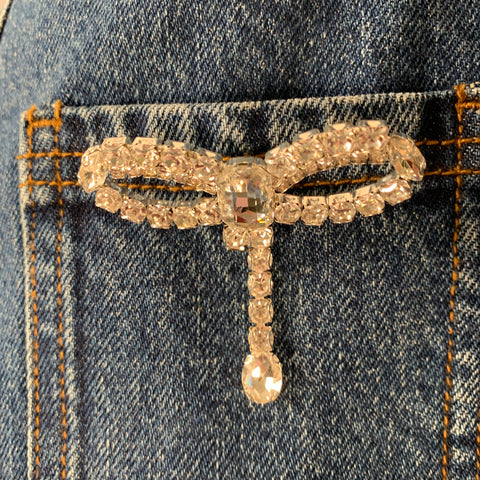 SELF-PORTRAIT Size 4 Diamante Bow Blue Cotton Rhinestones A-Line Mini Skirt