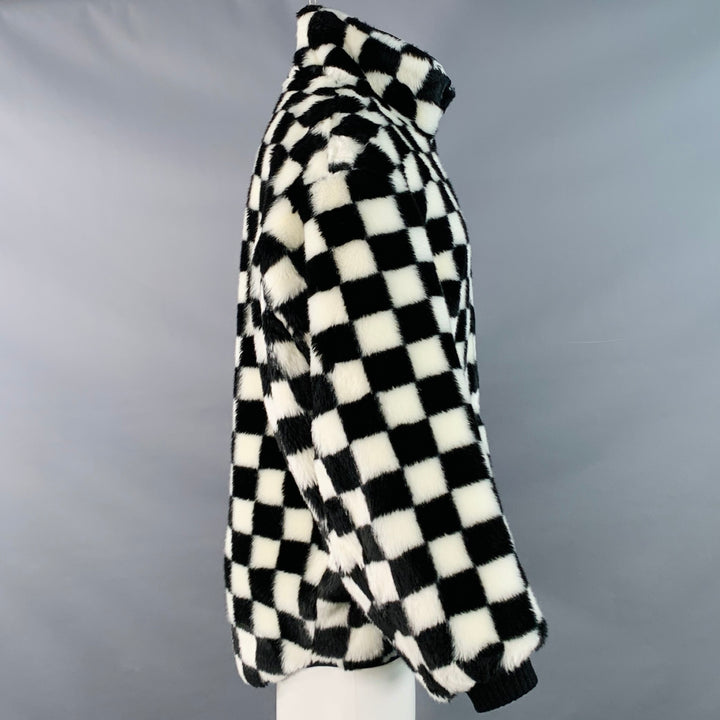 R13 Size S Black White Checkered Faux Fur Fleece Oversized Zip Up Jacket
