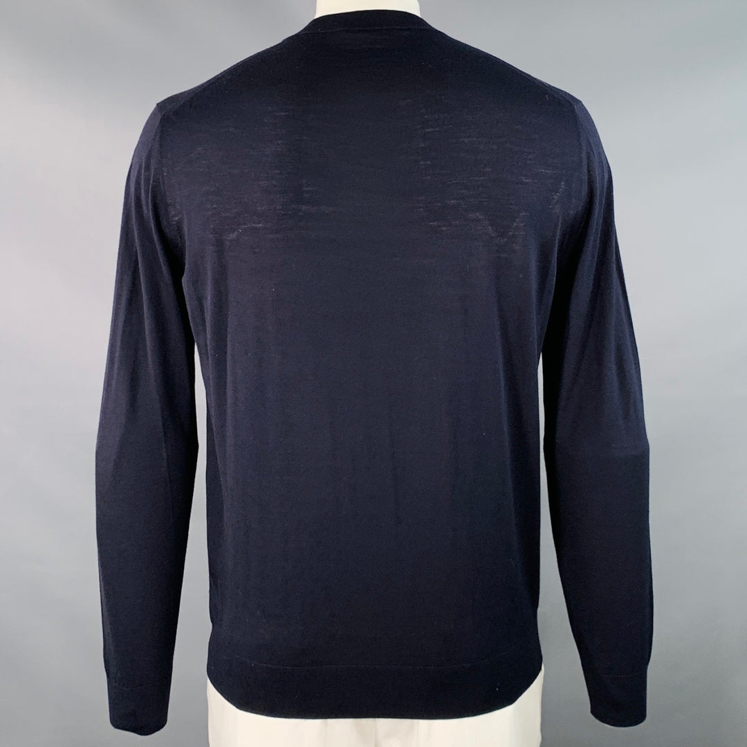 PRADA Size L Navy White Jersey Logo Virgin Wool Long Sleeve Pullover