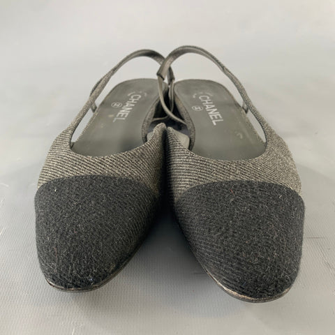 CHANEL Size 8.5 Charcoal Navy Wool Leather Trim Classic Flats
