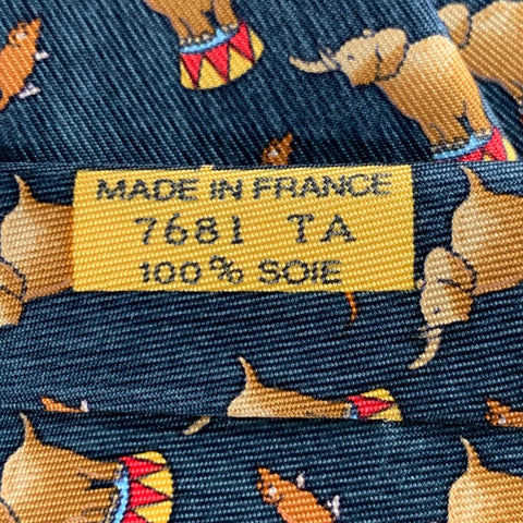 HERMES Green Beige Elephant Circus 7681 TA  Silk Tie
