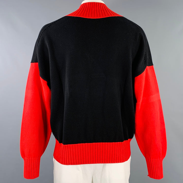 ALEXANDER MCQUEEN Size XL Black Red Two Toned Cotton V-Neck Sweater