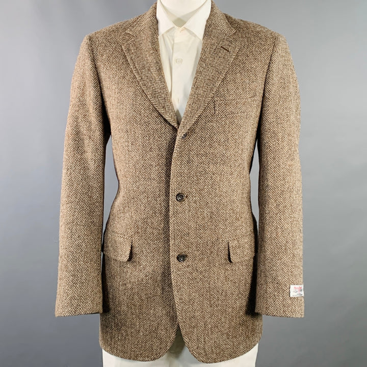 O'CONNELL'S Size 42 Long Brown Beige Herringbone Wool Sport Coat