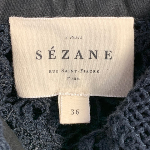 SEZANE Size 4 Black Cotton Blend Lace Spread Collar Hidden Buttons Shirt
