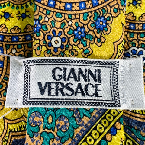 GIANNI VERSACE Yellow Blue Abstract Floral Silk Tie