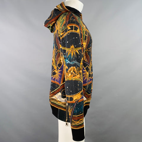 BALMAIN Size M Black Zodiac Horse Print Multi Color Astrology Cotton Hooded Sweatshirt