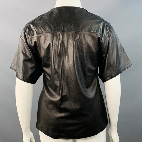 VALENTINA KOVA Size L Black Leather Crew Neck Casual Top