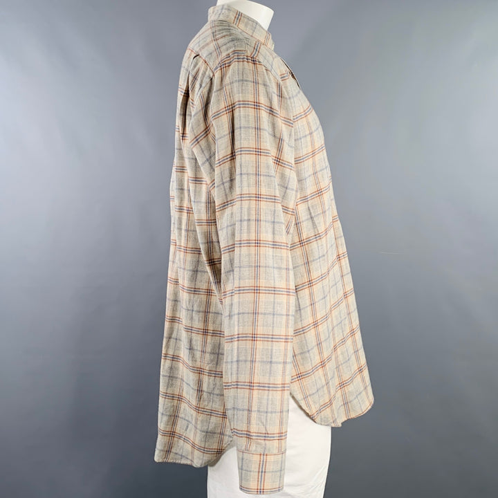 NEEDLES Size XL Grey Navy Brown Plaid Wool Nehru Collar Long Sleeve Shirt