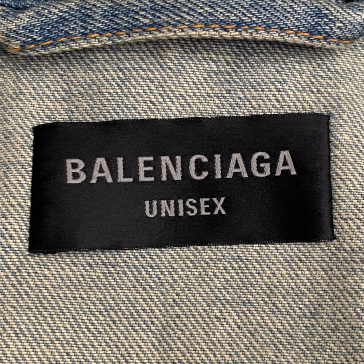 BALENCIAGA Size S Blue White Monogram Cotton Denim Oversized Jacket