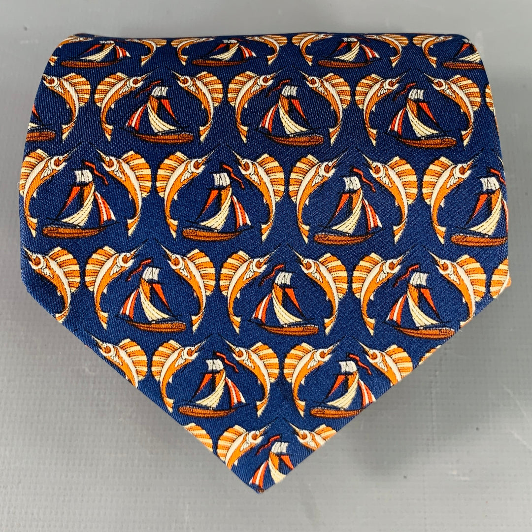 SALVATORE FERRAGAMO Navy Orange Swordfish Nautical Silk Tie