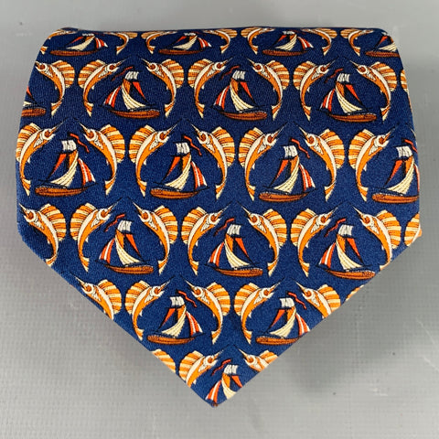 SALVATORE FERRAGAMO Navy Orange Swordfish Nautical Silk Tie