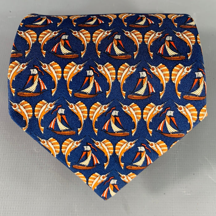 SALVATORE FERRAGAMO Navy Orange Swordfish Nautical Silk Tie