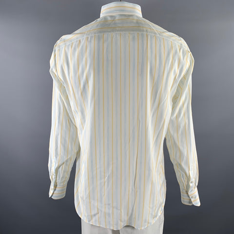 ISAIA Size XL White Blue Yellow Stripe Cotton Pointed Collar Long Sleeve Shirt