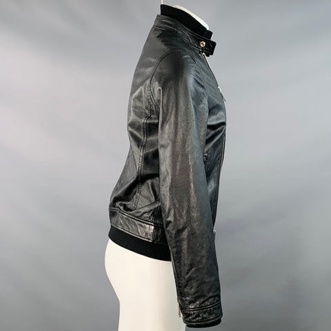 Blouson DSQUARED2 en cuir d'agneau noir avec bordures en maille et double fermeture éclair, taille 38