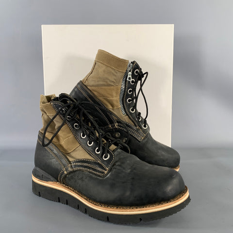VISVIM Size 9.5 Black Olive Distressed Leather Canvas Lace Up Boots