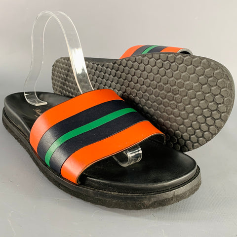 RALPH LAUREN Size 8 Black Orange Green Stripe Leather Slide Sandals