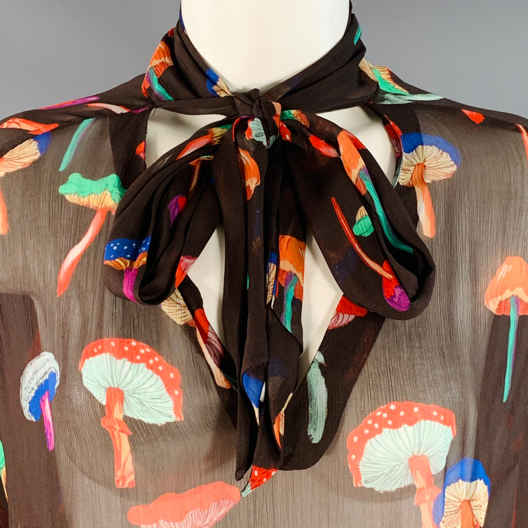 LE SUPERBE Size S Field Trip Brown Multi Color Chiffon Sheer Mushroom V-Neck Blouse