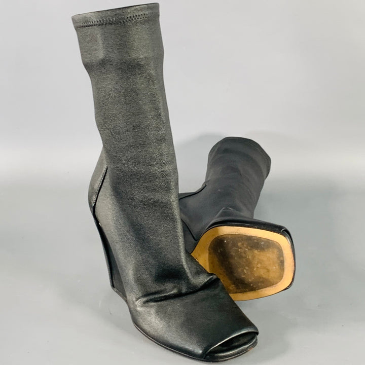 RICK OWENS Size 5 Black Lambskin Leather Open Toe Sock Wedge Boots