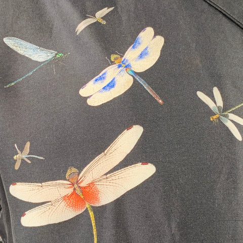 VALENTINO Size XL Black Multi Color Dragonflies Silk One Pocket Camp Short Sleeve Shirt