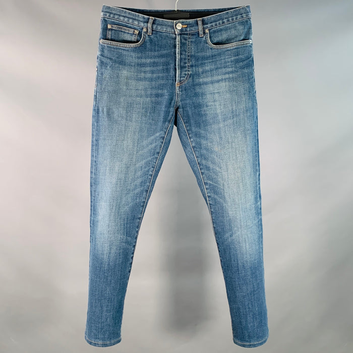 DIOR HOMME Taille 30 Jean Slim Droit En Twill De Coton Mélangé Bleu Surpiqûres Contrastées