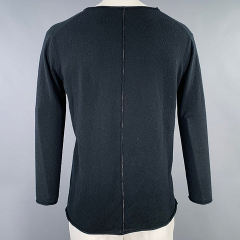 UMA WANG Size L Black Distressed Knit V-Neck Pullover