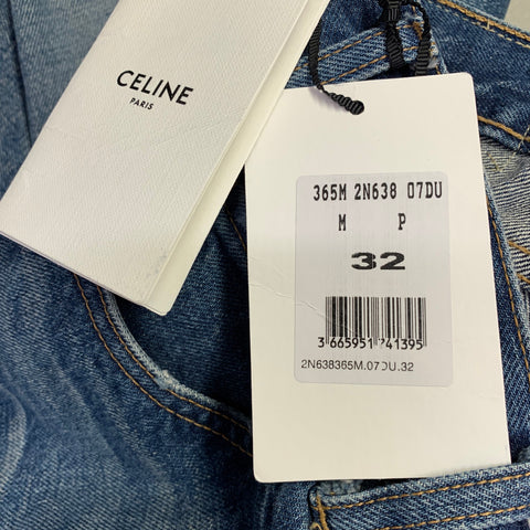 CELINE Size 32 Marco Blue Cotton Distressed Raw Edge Wide Leg Jeans