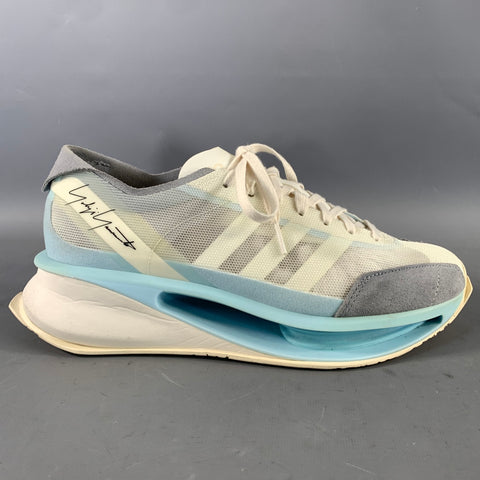 Y-3 Size 9.5 White Light Blue Stripe Mesh Athletic Sneakers