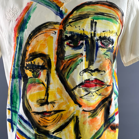 CUSTOM MADE Size L Cream Hand Painted Cotton V Neck T shirt