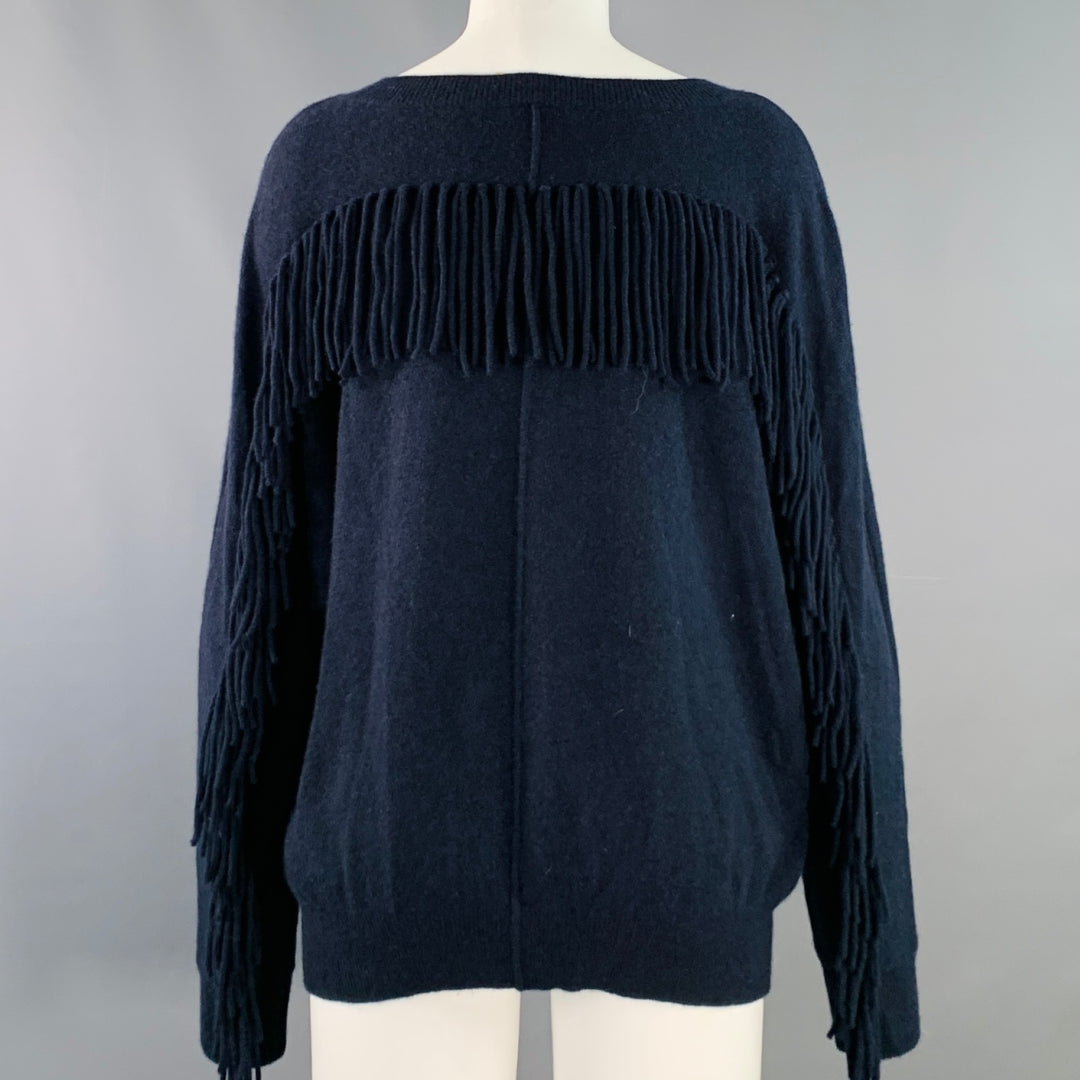 MINNIE ROSE Size M Navy Cashmere Fringe Crew Neck Pullover