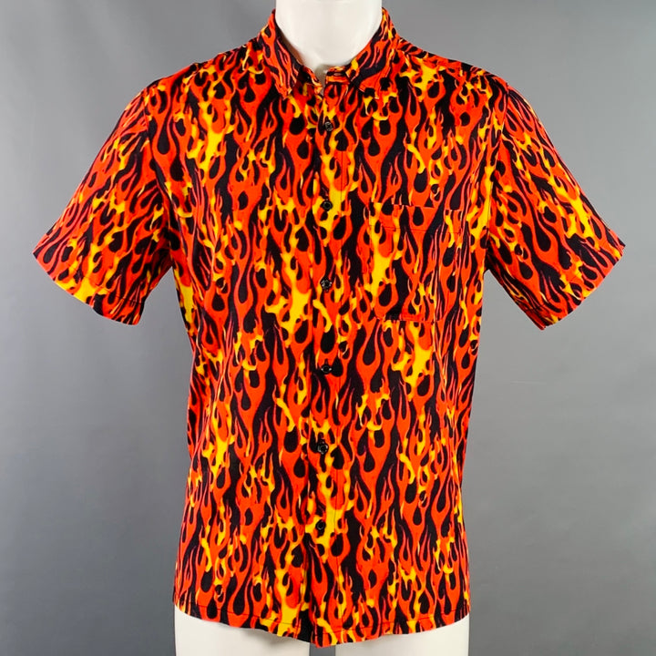 R13 SS20 Size M Orange Yellow Black Flames Viscose One Pocket Short Sleeve Shirt