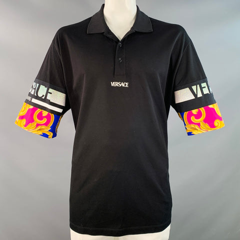 VERSACE Size XXL Black Multi Color Mixed Patterns Cotton Pique Half Placket Polo