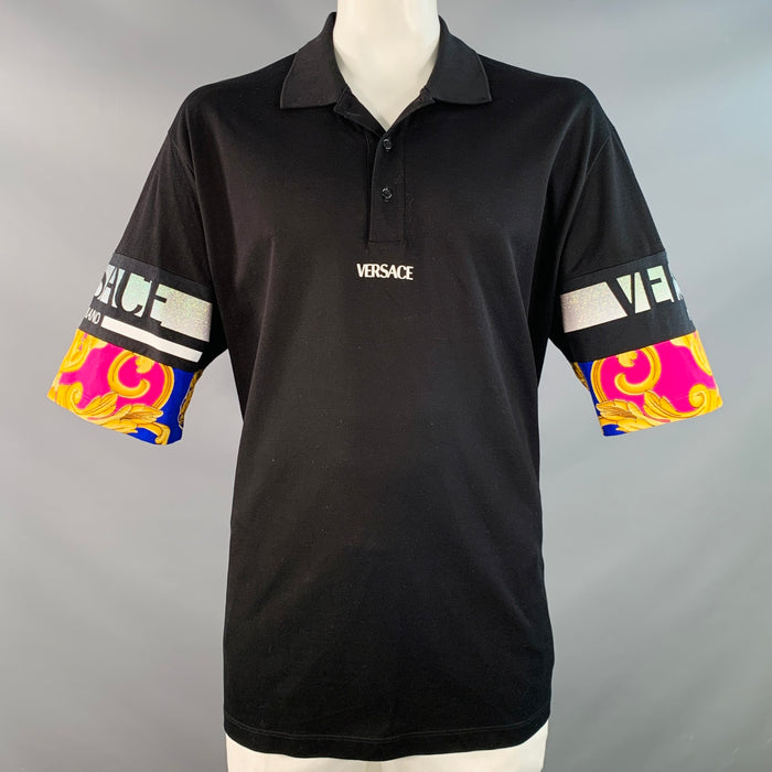 VERSACE Size XXL Black Multi Color Mixed Patterns Cotton Pique Half Placket Polo