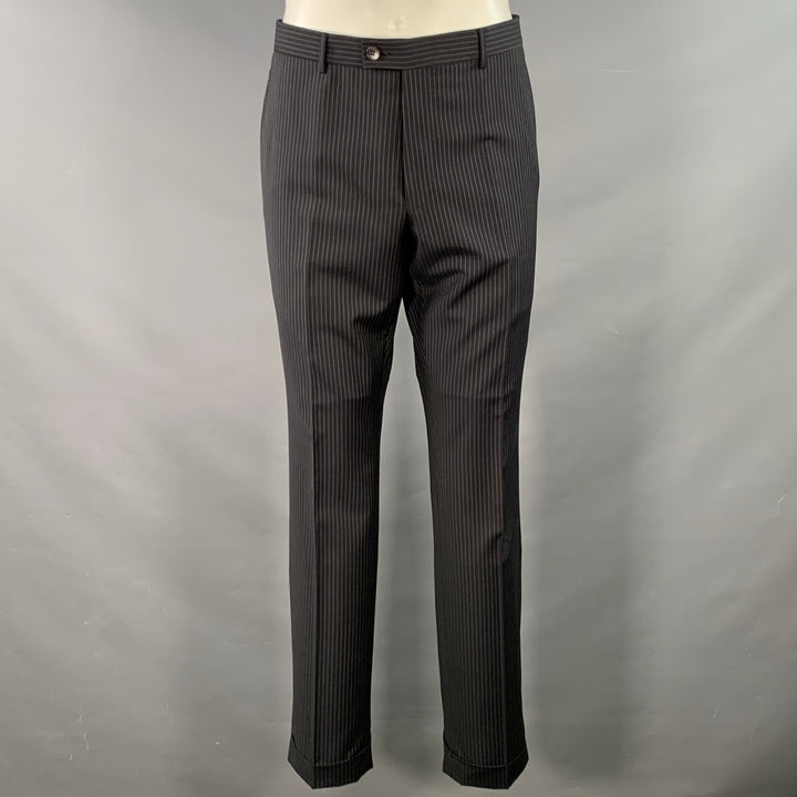 GUCCI Size 40 Black Grey Pinstripe Wool Mohair Single Breasted Suit