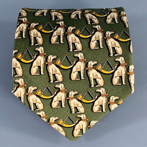 SALVATORE FERRAGAMO Green Beige Dogs Silk Tie