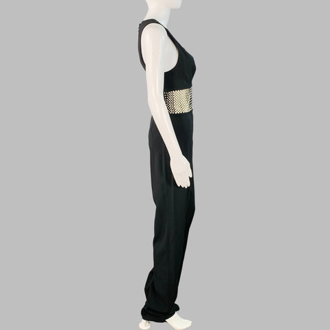 LA PERLA Size 4 Black White Viscose Blend Faux Pearl Embellishment V-Neck Jumpsuit