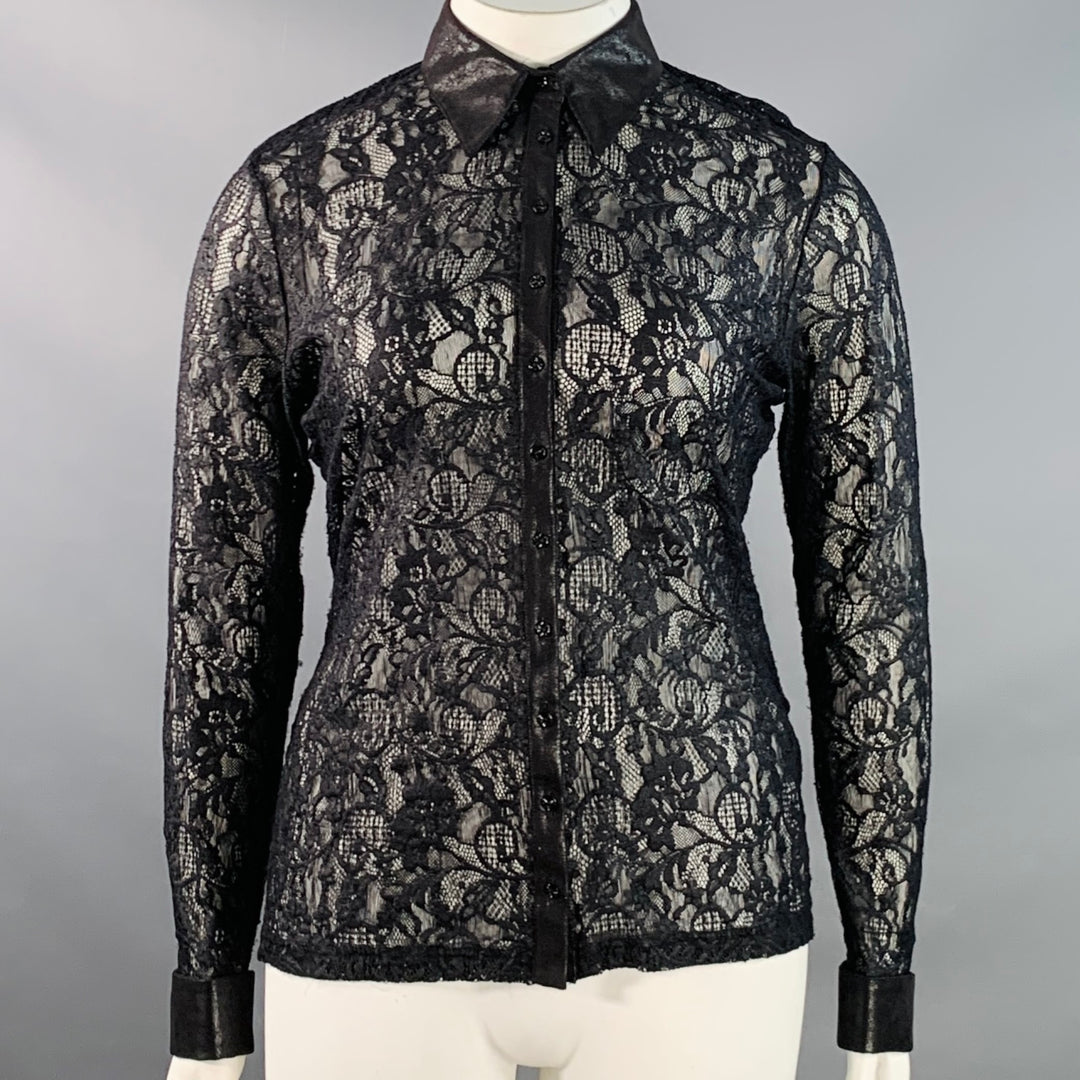 ANNE FONTAINE Size XL Carine Black Polyamide Blend Lace Faux Leather Contrast Trim Blouse