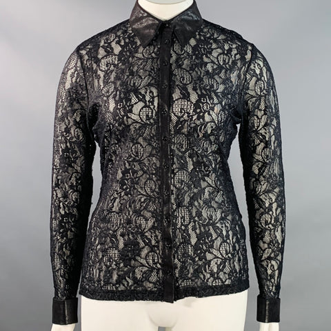 ANNE FONTAINE Size XL Carine Black Polyamide Blend Lace Faux Leather Contrast Trim Blouse
