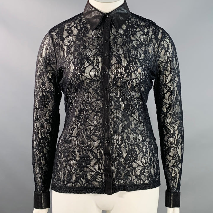 ANNE FONTAINE Size XL Carine Black Polyamide Blend Lace Faux Leather Contrast Trim Blouse