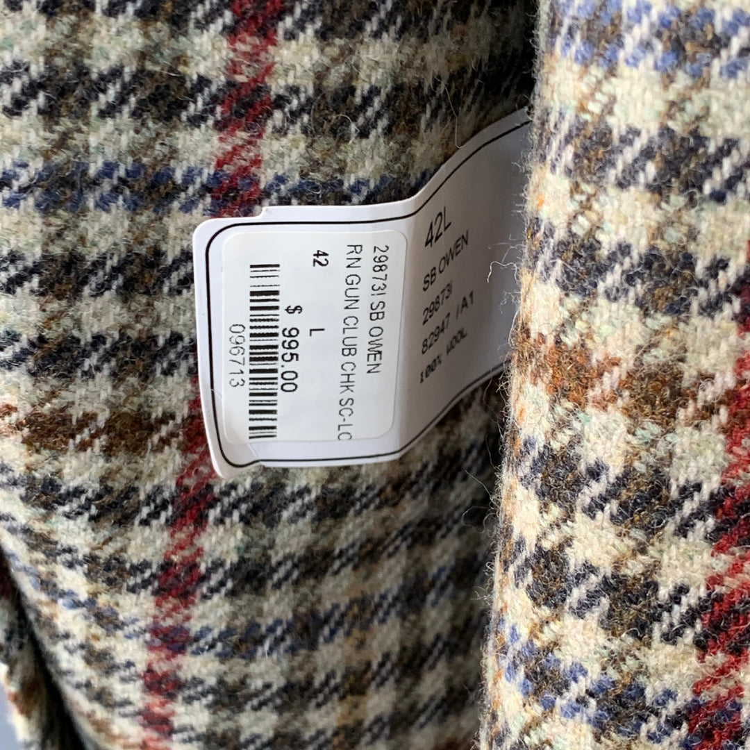 O'CONNELL'S Size 42 Long Beige Red Brown Plaid Virgin Wool Sport Coat