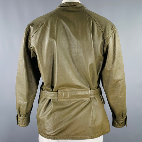 FIOCCHI Size 44 Green Leather Belted Zip Up Jacket
