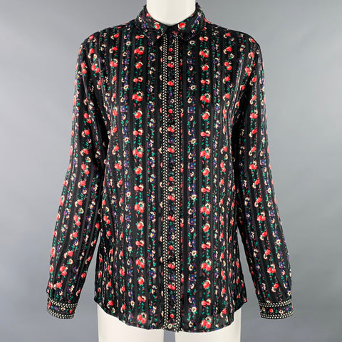 SEZANE Size 4 Black Multi Color Silk Floral Long Sleeve Blouse