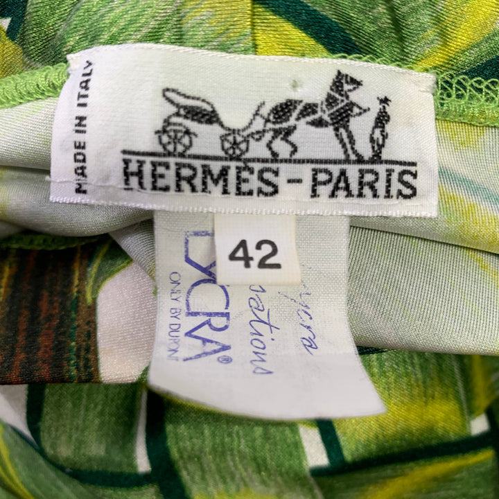 HERMES Size 10 Green Yellow Lycra Woven Elastic Waistband Leggings