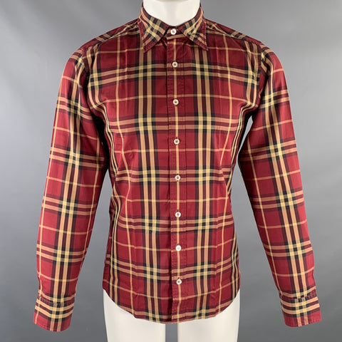 BURBERRY Taille M Chemise à manches longues boutonnée en coton à carreaux bordeaux kaki et noir