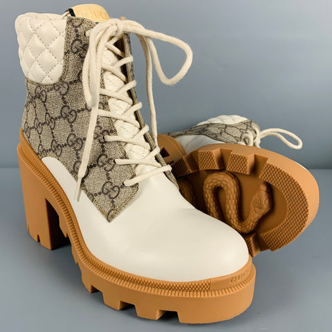 GUCCI Talla 8 Botas de tacón grueso con monograma de cuero marrón crema