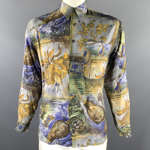 JEAN CHATEL Size L Blue Brown Multi-Color Painted Floral Long Sleeve Shirt