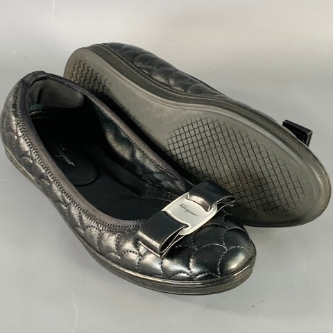 SALVATORE FERRAGAMO Size 7 Savina Black Quilted Leather Bow Flats