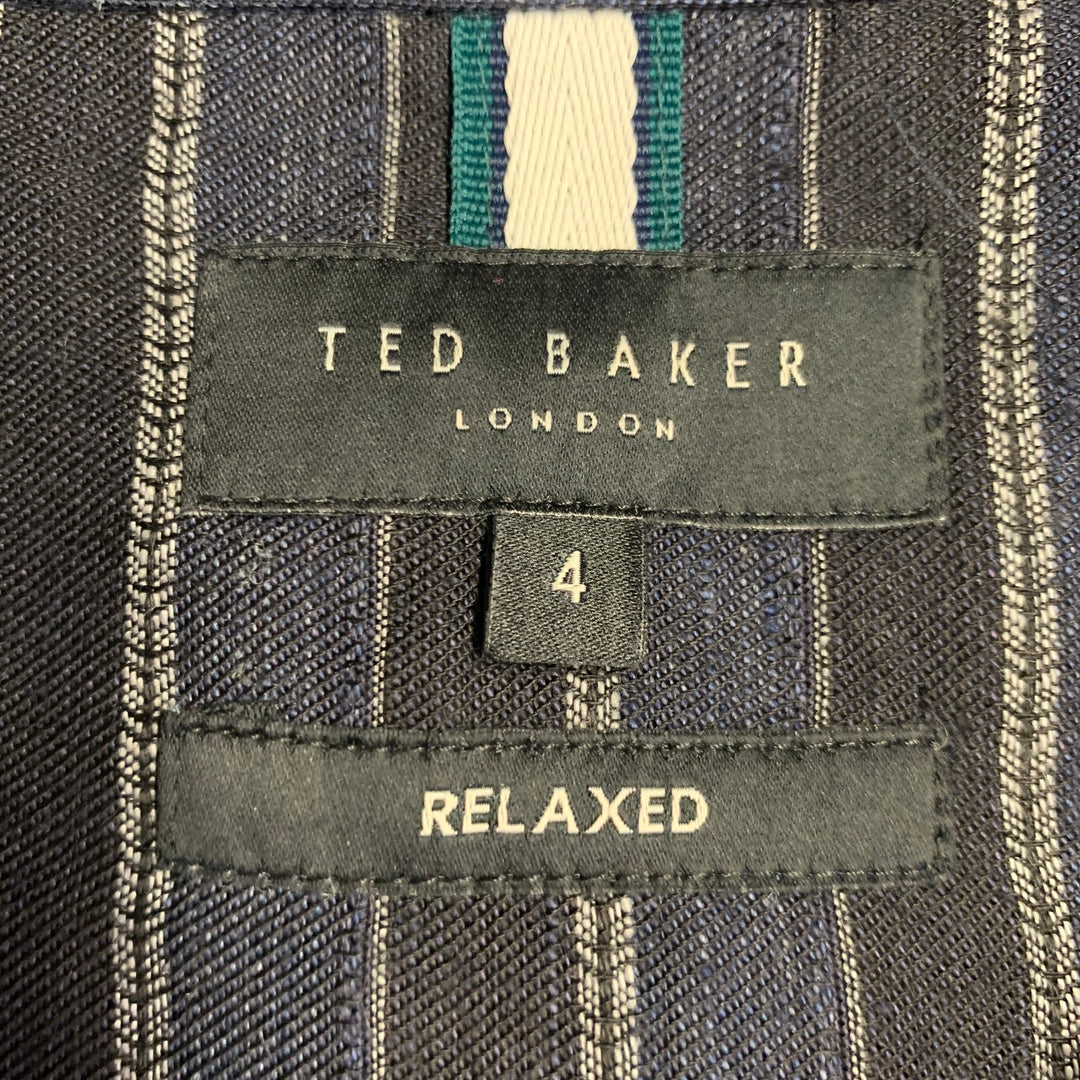 TED BAKER Size L Francoi Navy Black Stripe Linen Cotton Relaxed Camp Short Sleeve Shirt