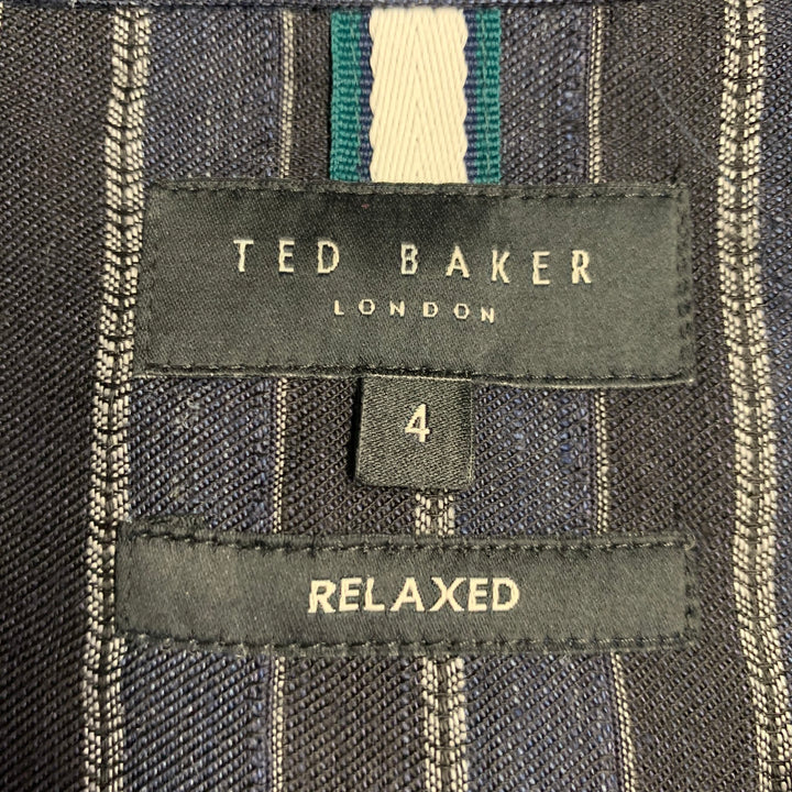 TED BAKER Size L Francoi Navy Black Stripe Linen Cotton Relaxed Camp Short Sleeve Shirt