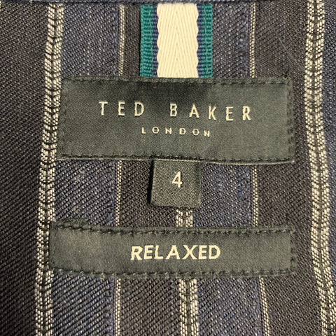 TED BAKER Size L Francoi Navy Black Stripe Linen Cotton Relaxed Camp Short Sleeve Shirt